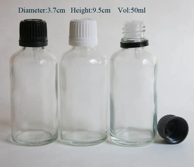 

wholesale 100pcs 50ml clear glass bottle with reducer dropper and tamper evident lid, glass 50 ml clear essential oil bottle