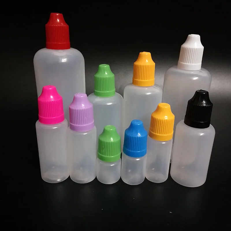 50pcs 5ml 10ml 15ml 20ml 30ml 50ml 60ml 100ml 120ml PE Plastic E liquid Dropper Bottle With Childproof Cap for Nail Gel + funnel