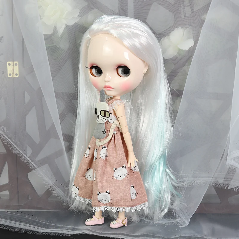 ICY DBS Blyth doll 1/6 white skin joint body white mix blue hair shiny face Carved lips toy bjd