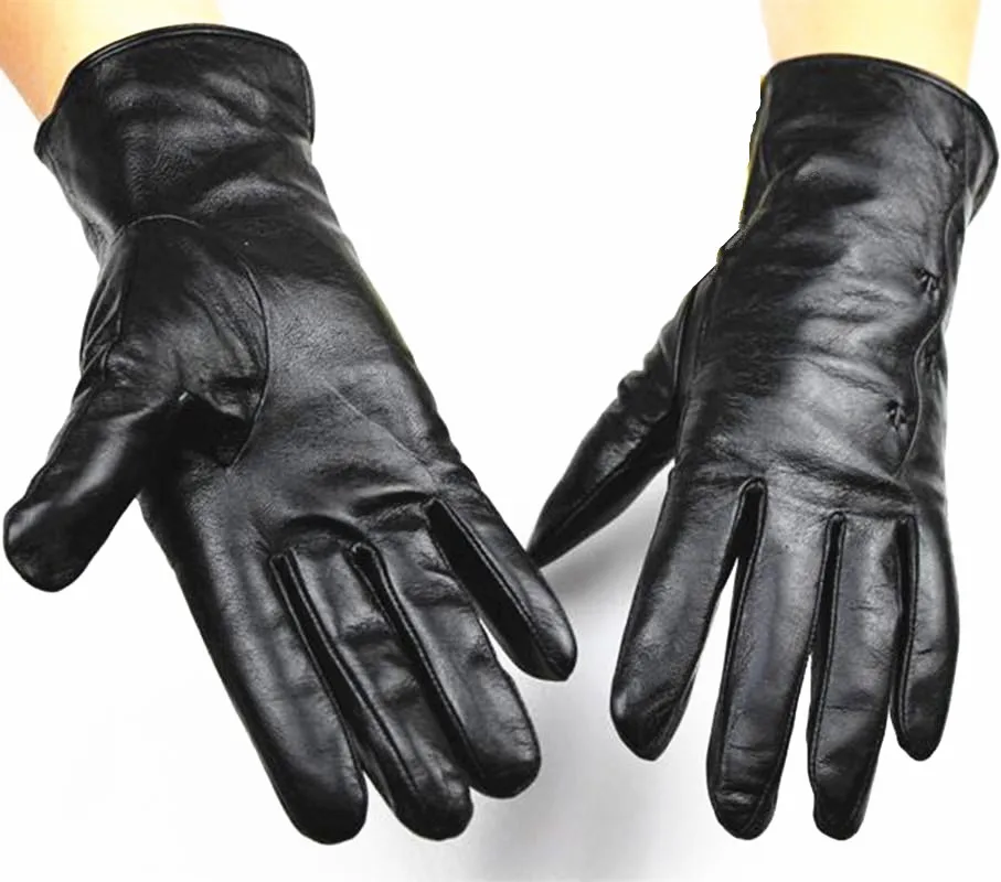 Women's Genuine Leather Gloves Thin Fleece Lining Thick Velvet Black Autumn and Winter Warmth Free Shipping Points Finger