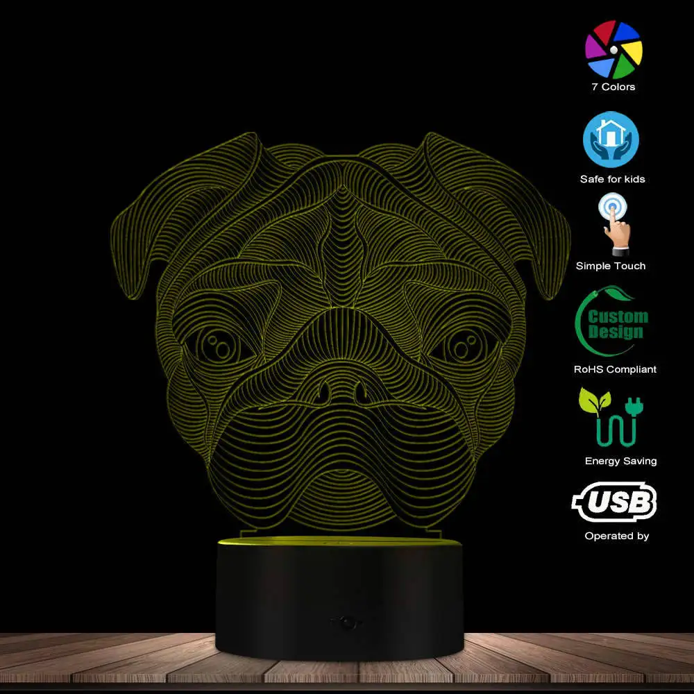 3D Lovely French Bulldog Pug Shape Novelty Table Lamp LED Night Light Home Decor Pet Dog Puppy Animal 3D Optical illusion Light