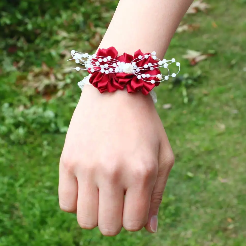 Wifelai-Een Pols Corsages Bruiloft Bruid Lint Bloemen Kralen Armband Wijnrood Bruidsmeisje Zijden Lint Pols Corsag Huwelijk SW0679