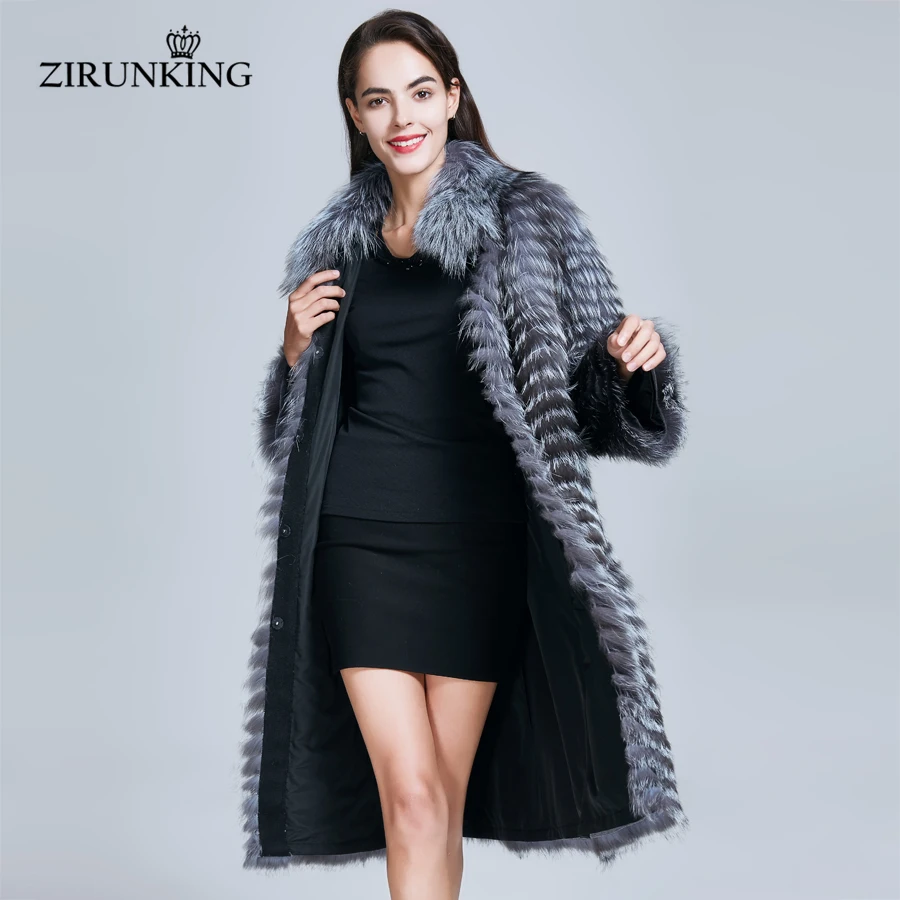 ZIRUNKING Genuine Women Real Fur Coats Real Silver Fox For Lady Natural Fur Female Clothes Autumn Warm Luxury Overcoat ZC1727