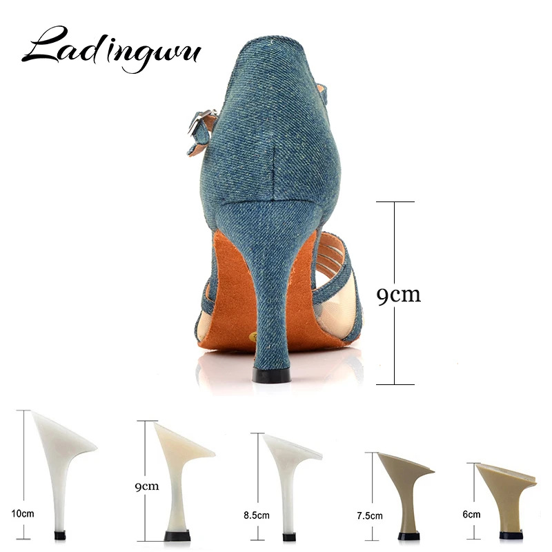 Ladingwu New Denim And Net Latin Dance Shoes Woman\'s Comfort Professional Salsa Shoes Dancing Cuba Heel Dance Shoes sandals