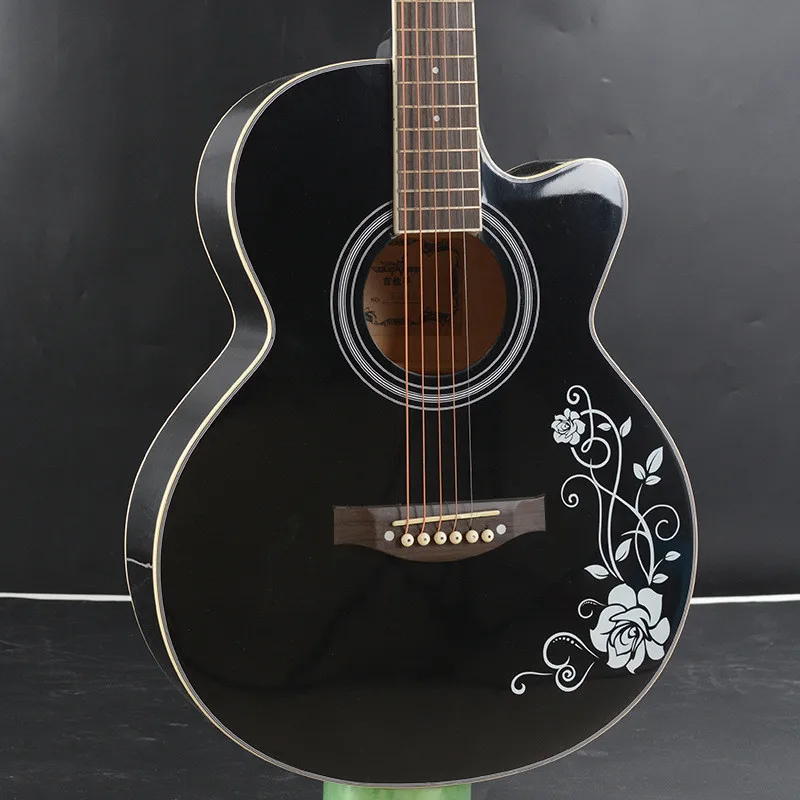 40 Zoll Weiß-Schwarze Akustikgitarre mit Holzkorpus aus Lindenholz, Griffbrett aus Palisander, inklusive Stimmgerät und Saiten – Detail 13