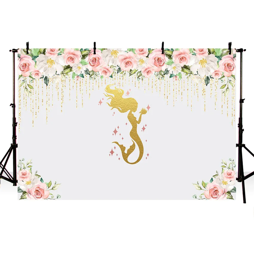 Photography Backdrop Mermaid Scales Glare Floral Birthday Banner Photo Studio Booth Background Newborn Baby Shower Photocall