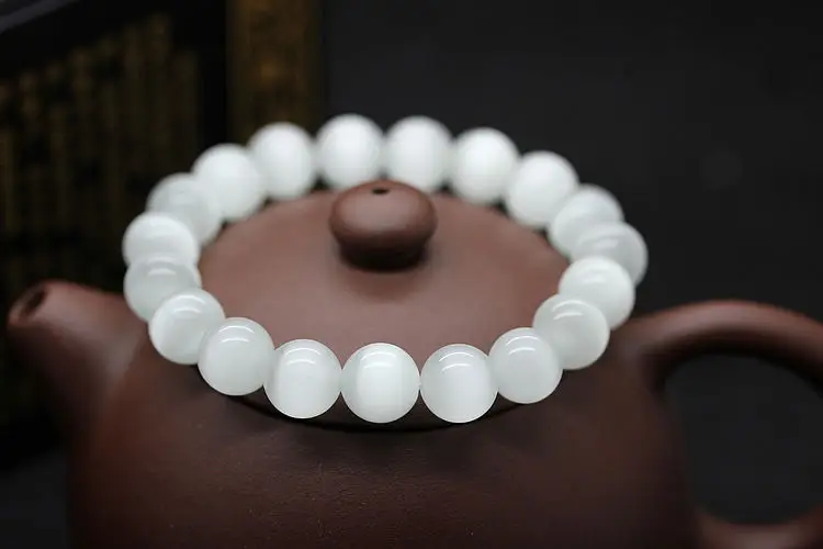 Vintage Natural Cat\'s Eye Stone Balls Bracelet & Bangle Brief White Opal Beads 6/8/10/12mm Wristband Hand Chain For Women