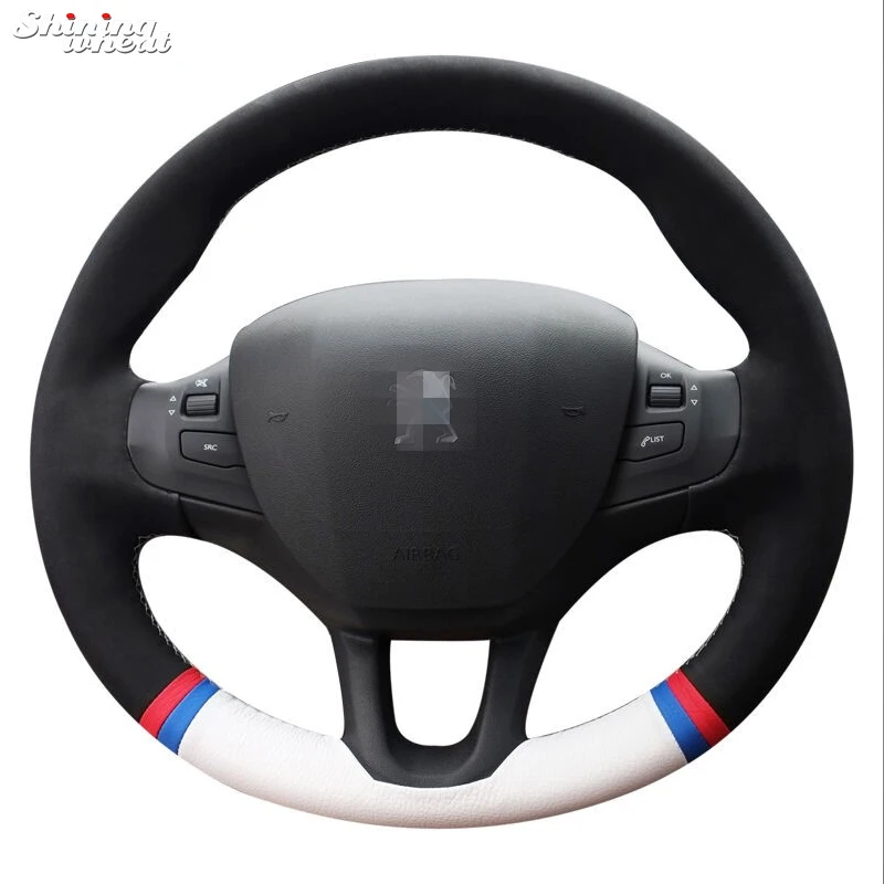 

Shining wheat Hand-stitched Black Suede White Leather Car Steering Wheel Cover for Peugeot 208 Peugeot 2008