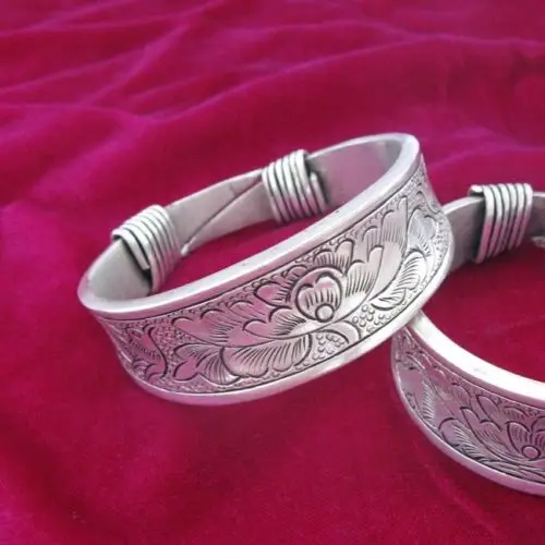 

Classic Hand-carved Miao silver heavy bracelets double phenix peony bracelet