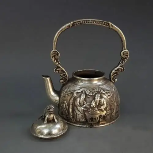 Chinese Miao Silver Carving Old Man Play Chess  Animal Dog  Statue Wine Pot Tea Pot  Kettle