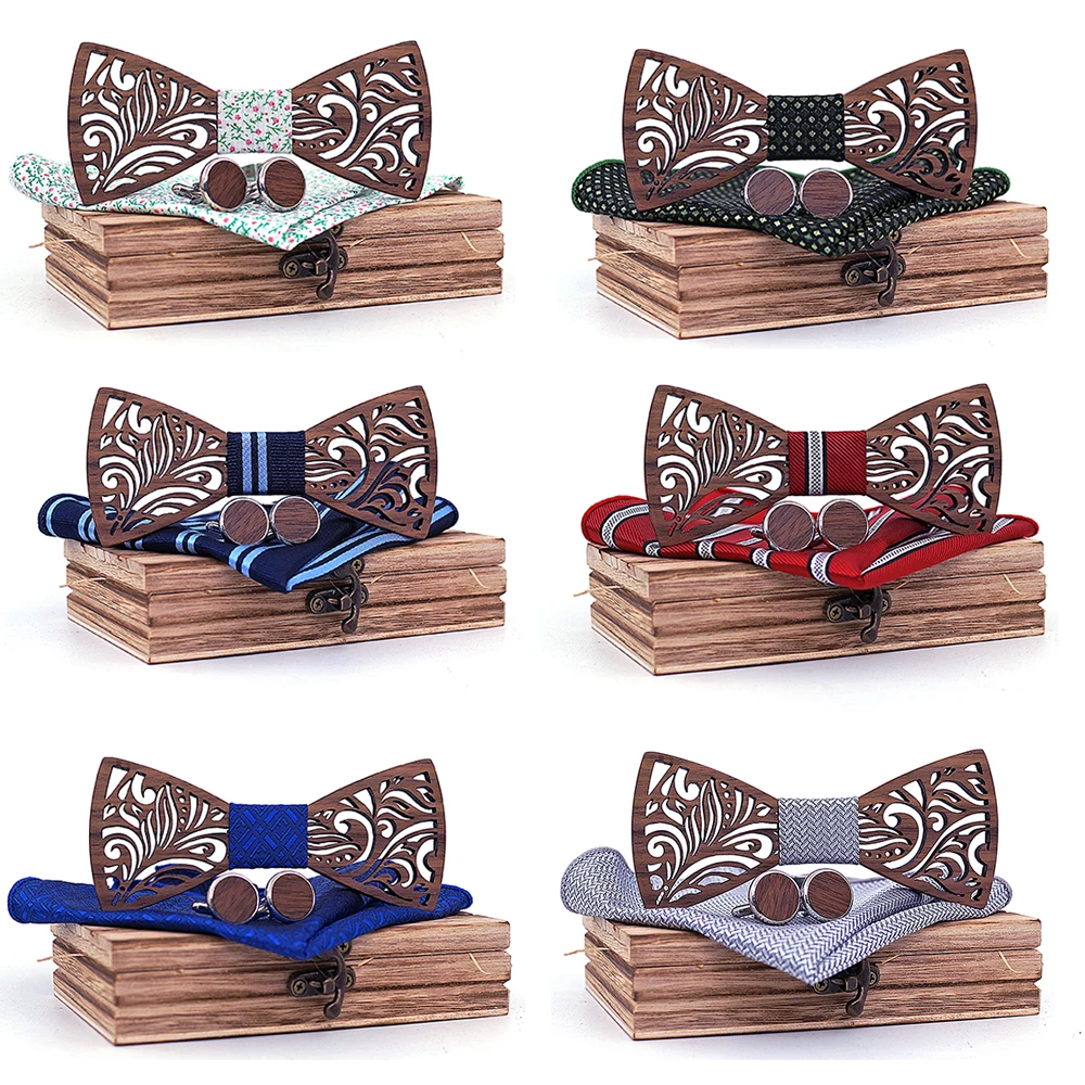 Wooden Bow Tie set and Handkerchief Bowtie Necktie Cravate Homme Noeud Papillon Corbatas Hombre Pajarita Gift for men Chirstmas