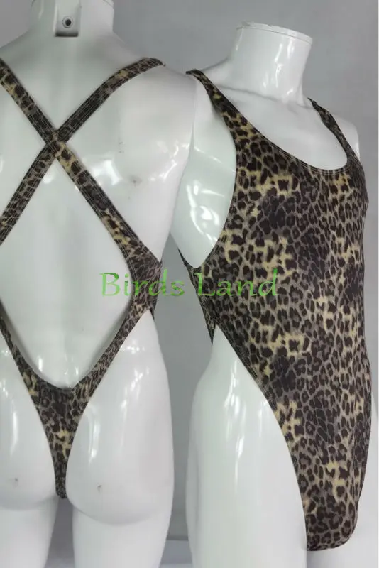 Mens Thong Bodysuit Stretchy High Cut X Cross Back Leopard print velvet G728CD