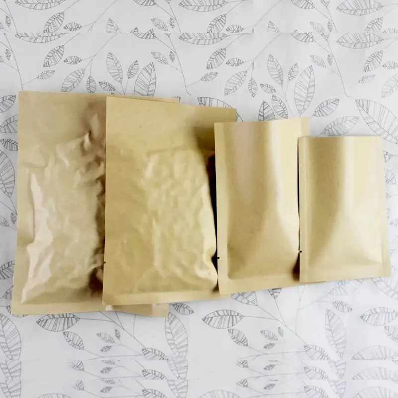 100pcs/lot- Kraft Paper Flat Pockets Aluminium Inlay Vacuum Heat Seal Bag Snack Nuts Sugar Packaging Gift Bags