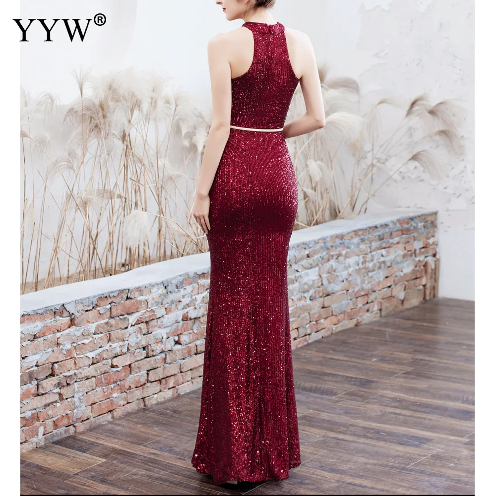 New 2020 Women Sequined Party Long Dresses Halter Sleeveless Mermaid Evening Dress Ladies Solid Sexy Robes Elegant Formal Gowns