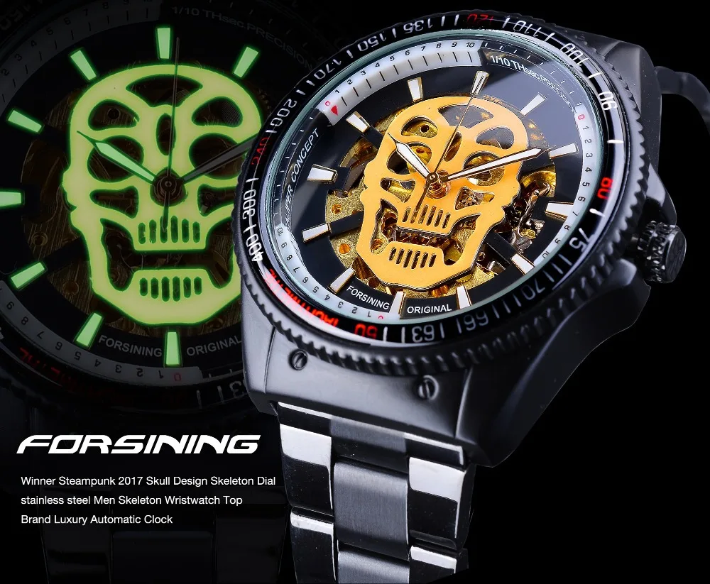 Fashion Forsining Brand Man Steampunk Skull Auto Mechanical Clock Black Full Stainless Steel Skeleton Dial Cool Design Watch