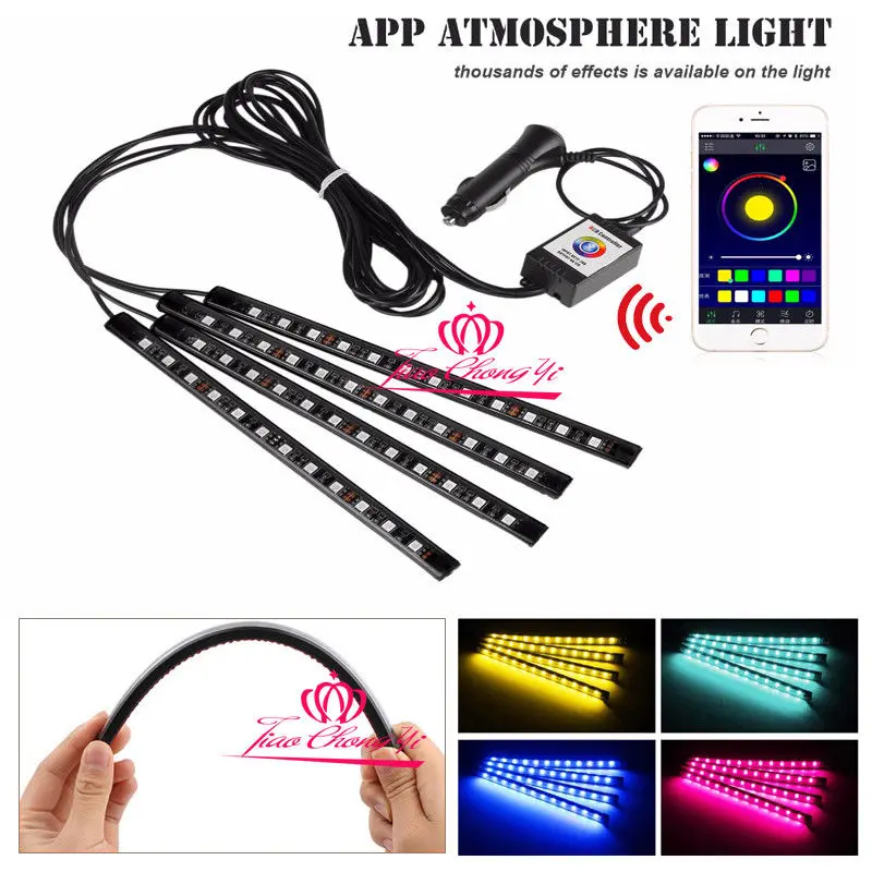 

4strip 12 LED Car Atmosphere RGB Phone App Music Control Strip Lights Interior Kit