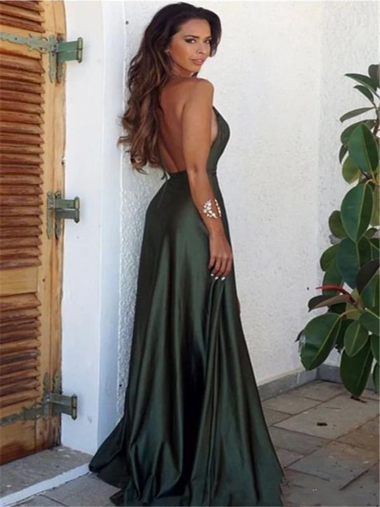 Vestido de fiesta de satén elástico con Espalda descubierta, prenda de vestir Sexy con escote en V, Espalda descubierta, corte A, color verde