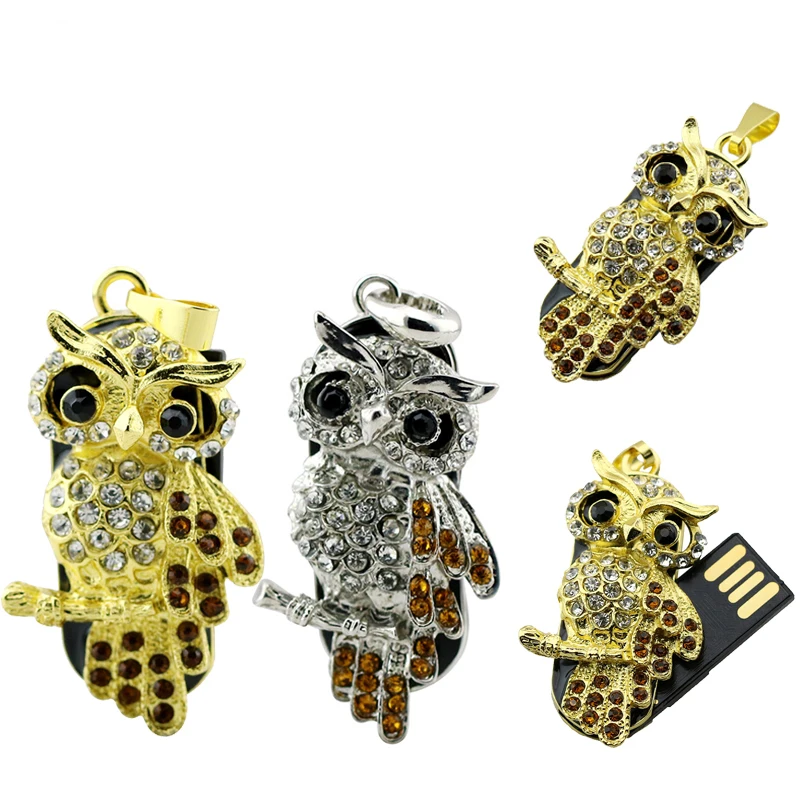 Gold Sliver Diamond Crystal Owl Necklace Usb Flash Drives 8GB 16GB USB Flash 2.0 Mini Memory Drive Stick Storage Pen Thumb Card