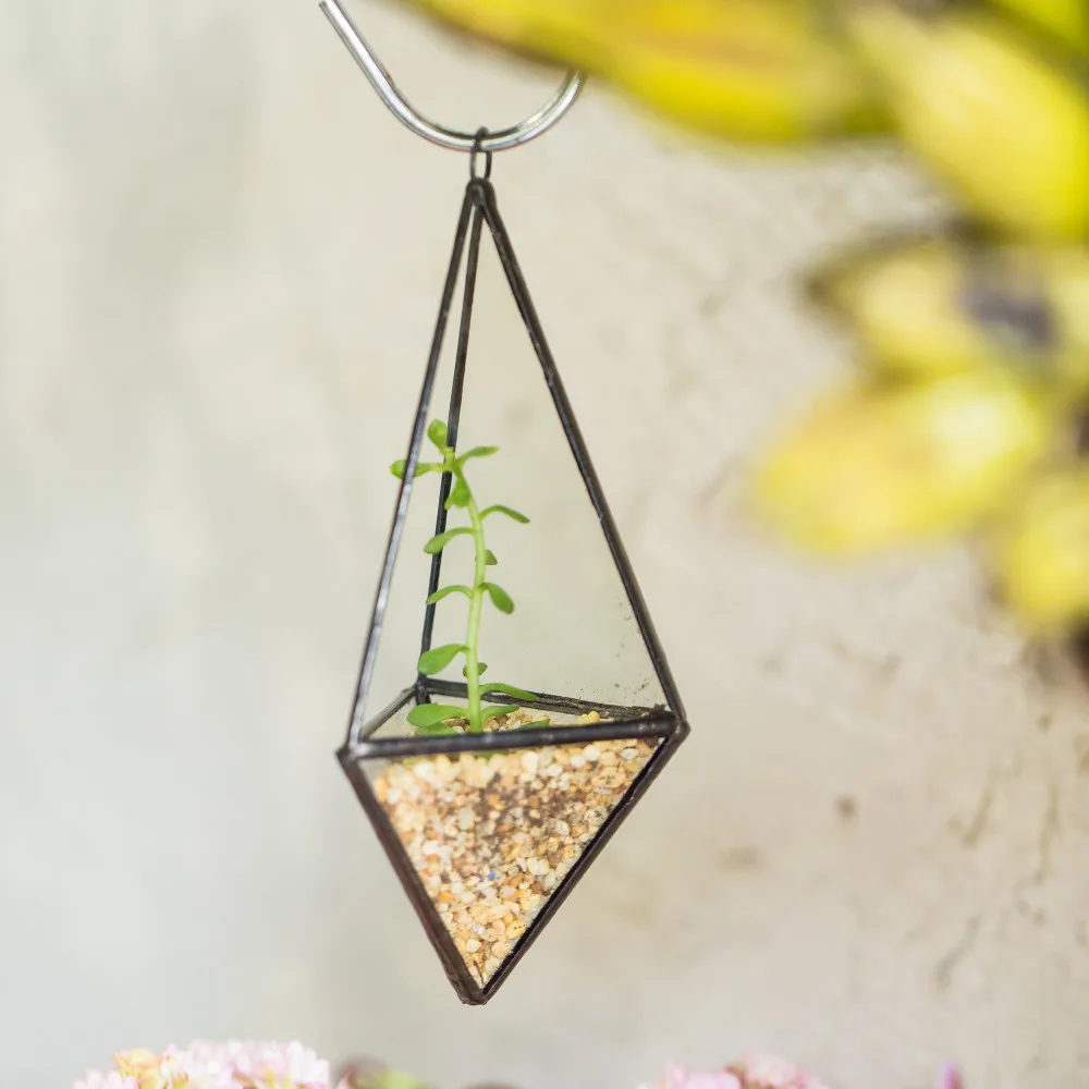 Modern Wall Hanging Mini Geometric Pyramid Glass Terrarium Succulent Plant Freestanding Display Flower Pot 2.75*2.75*6.49inches