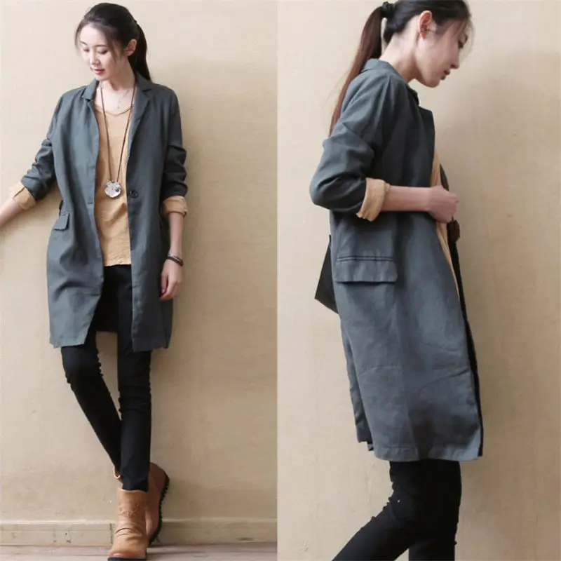 Women's Linen Long Windbreaker Leisure Suit Jacket Female One Button Solid Color Thin Outerwear F921