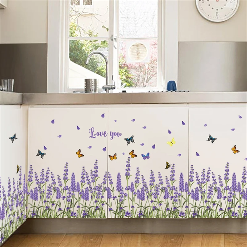 Placa base de planta de lavanda, pegatina de pared de flores para entrada, cocina, baño, dormitorio y sala de estar, bricolaje creativo