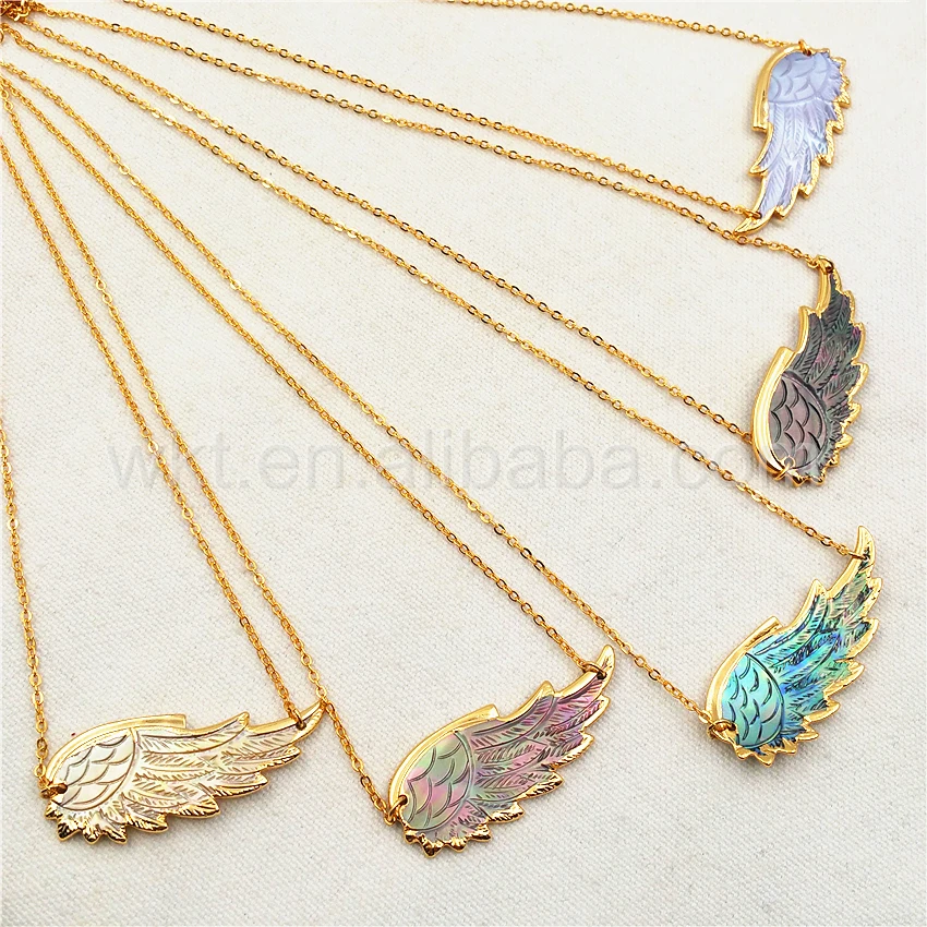 WT-N785 Wholesale Natural Paua Shell necklace 24K Gold dipped Colorful feather Shell Necklace Jewelry