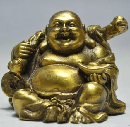 

Copper Brass CHINESE crafts Asian Elaborate Chinese Buddhism Happy Laughing Buddha Holding Money Auspicious Statue