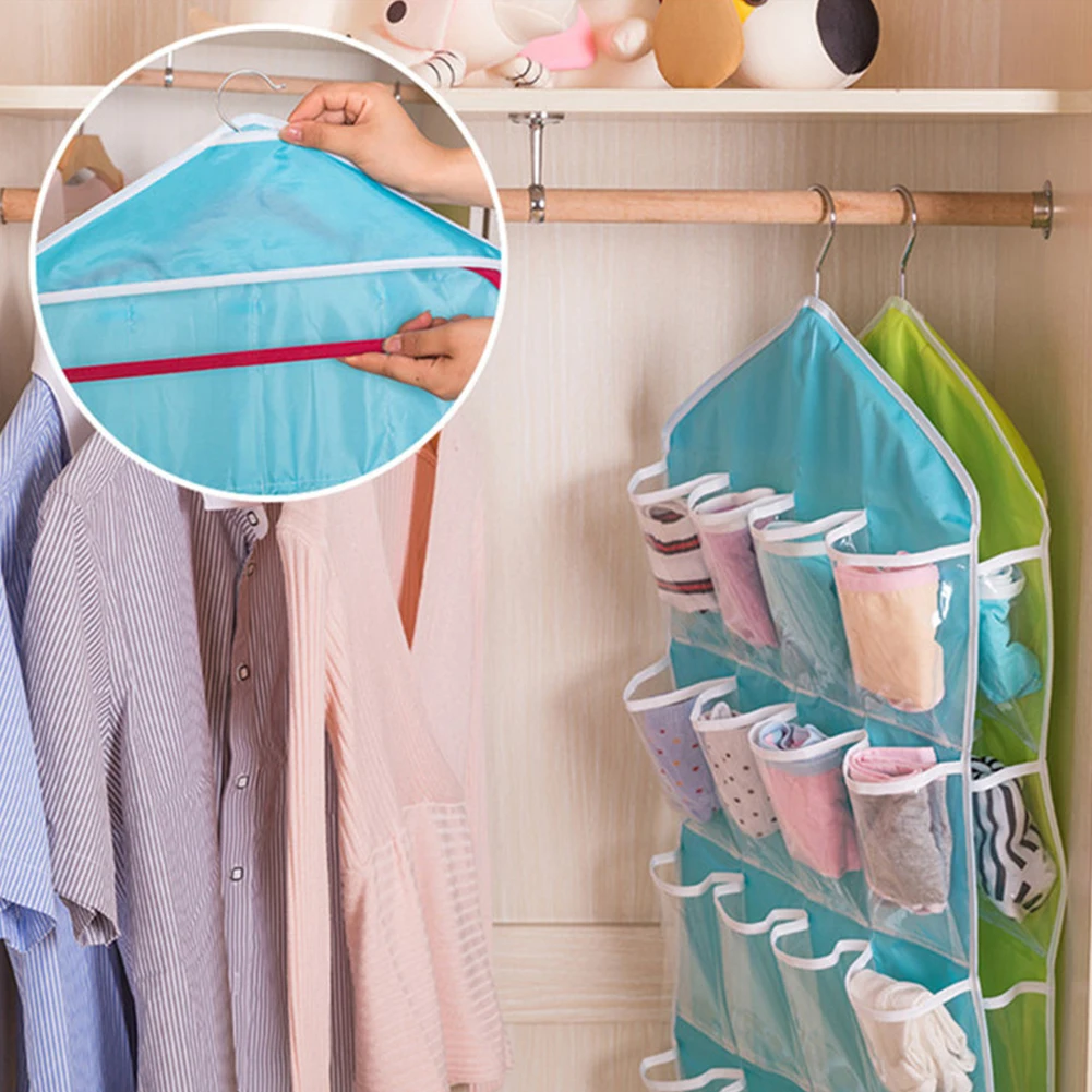 Clothing Hanger Closet Shoes Underpants Storage Bag 16 Pockets Foldable Wardrobe Hanging Bags Socks Briefs Organizer YH-459922