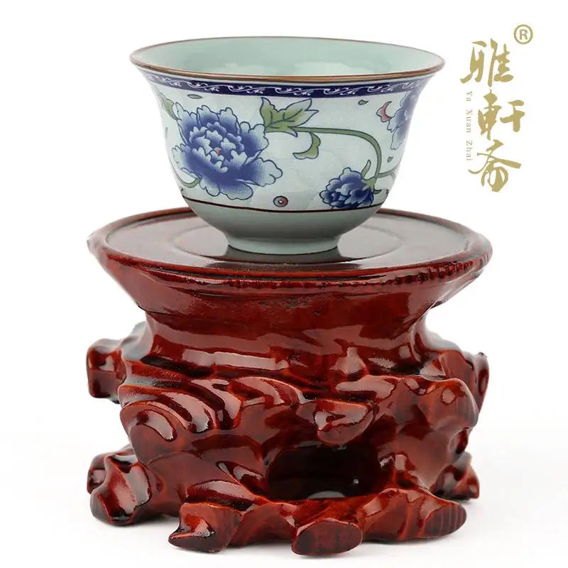 Jade carved stone base rosewood handicrafts carved small teapot base hardwood single round high base