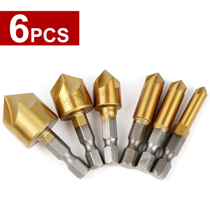 HOEN 6pcs Drill Bit Round shank 5 Flute HSS Hard Metals natural color Five Edge Chamfer Chamfering End Mill Cutter Countersink