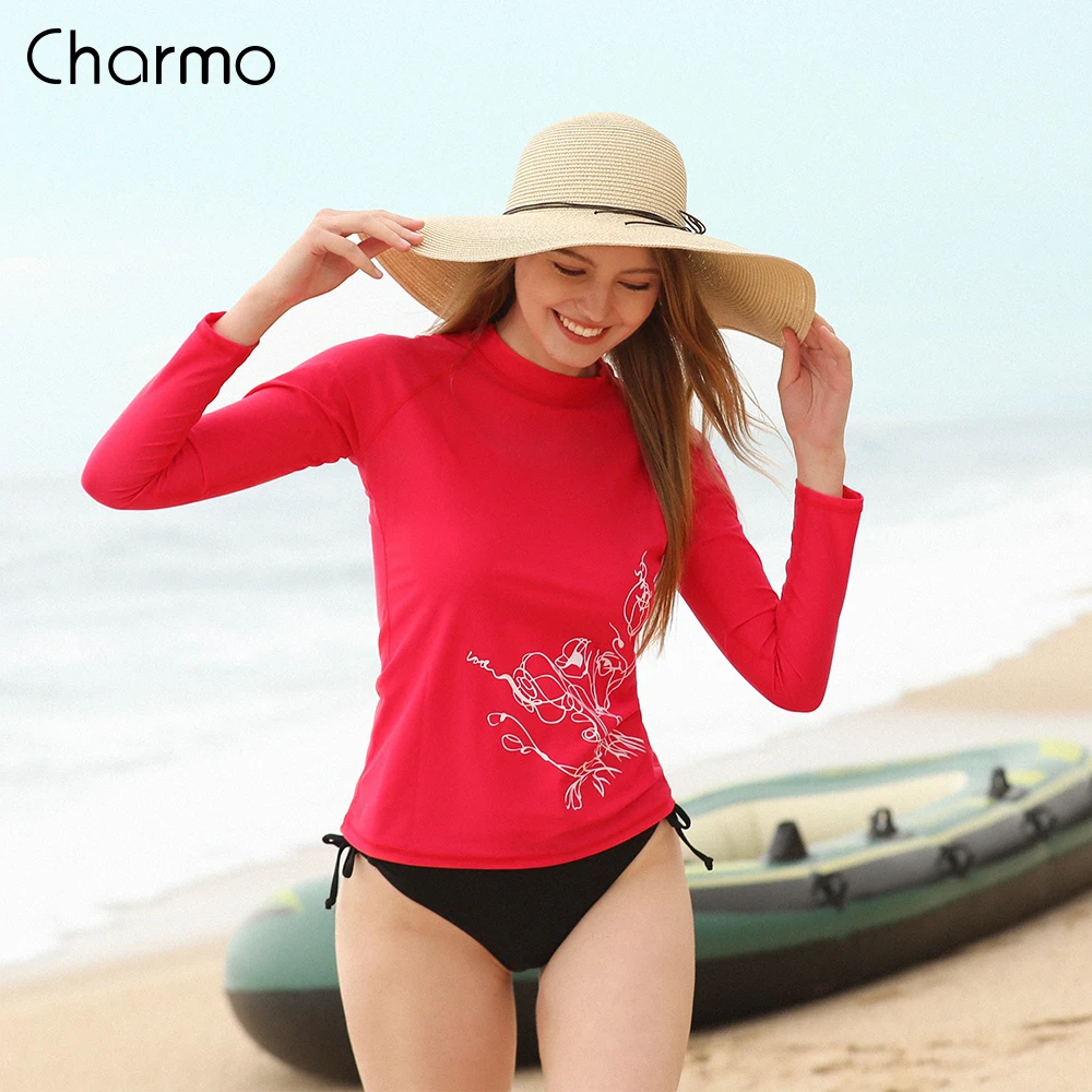 Charmo Maglia A Manica Lunga Rashguard Costume Da Bagno Camicette UPF50 + Delle Donne Retrò Costumi Da Bagno di Stampa UV-Protezione Retro