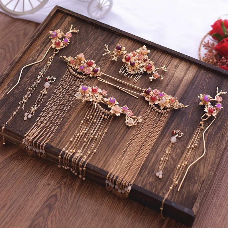 Luxury Chinese hair sticks comb earrings bride tiara sets wedding brides hair accessories