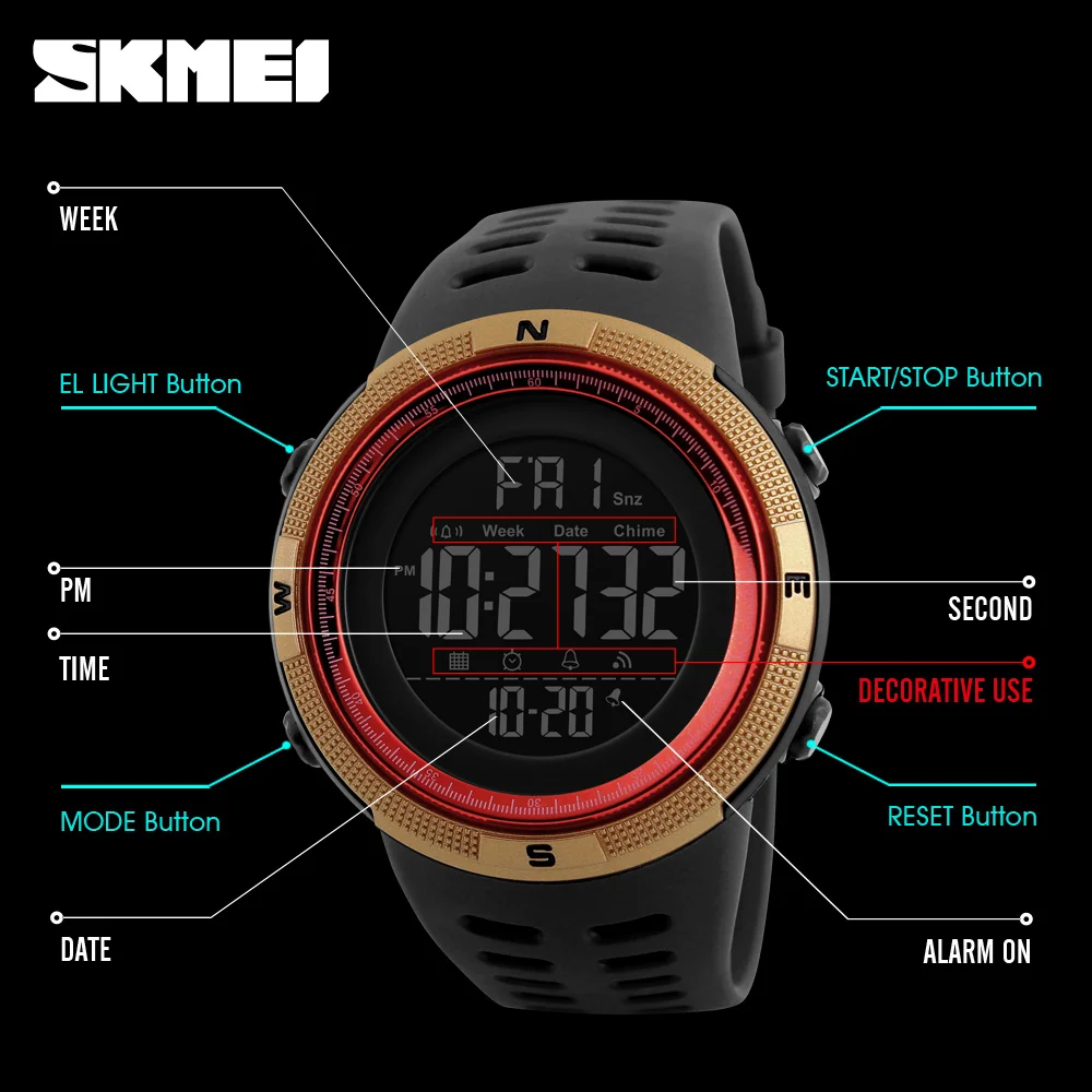 SKMEI 1251 Heren Sport Horloges Dual Time Countdown Elektronische Horloges Waterdicht Digitaal Horloge voor Man militaire Klok