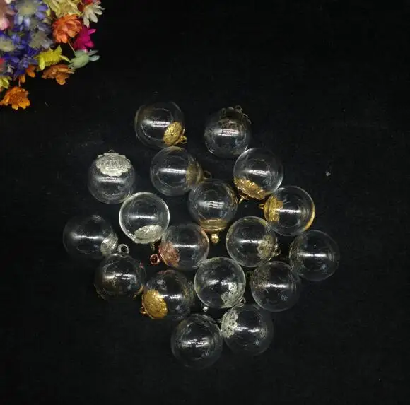 5pcs 14mm mini ball glass globe with mix beads cap findings charms DIY glass bottle vial pendant glass cover dome jars necklace