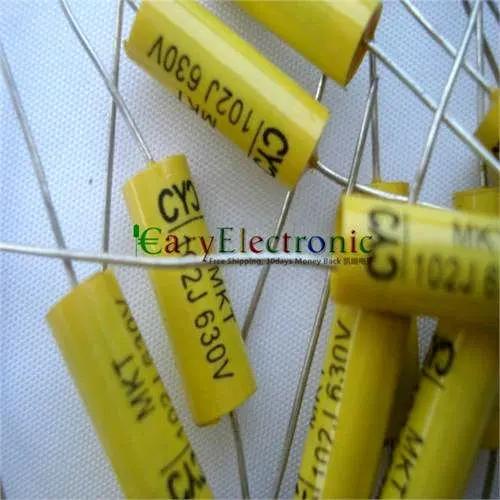 Wholesale 100pcs long leads yellow Axial Polyester Film Capacitors electronics 0.001uF 630V for tube amps audio free shipping