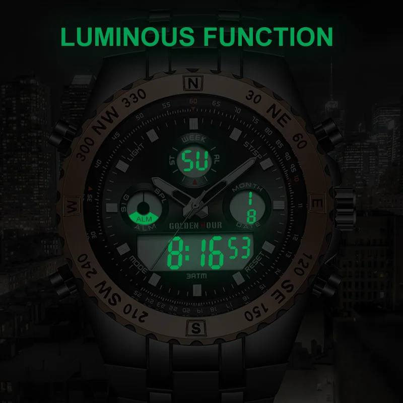 GOLDENHOUR Top Brand Dual Display Men Watch Fashion Silicon Strap Mens Quartz Watches Male Waterproof Sports Relogio Masculino