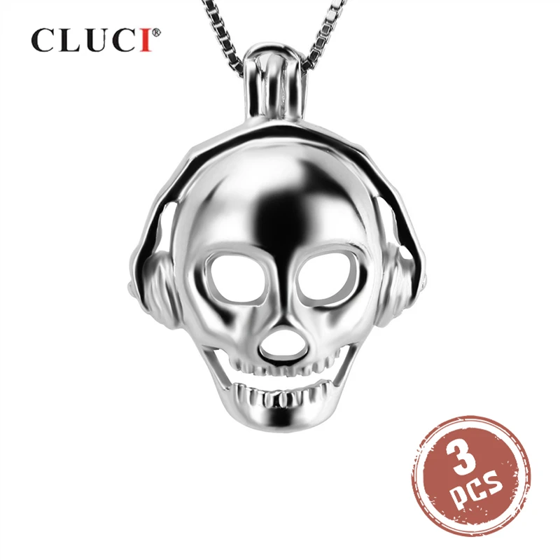 

CLUCI 3pcs 925 Sterling Silver Skeleton Face Shaped Charms Pendant Silver 925 Music Skeleton Pearl Locket Women Jewelry SC216SB