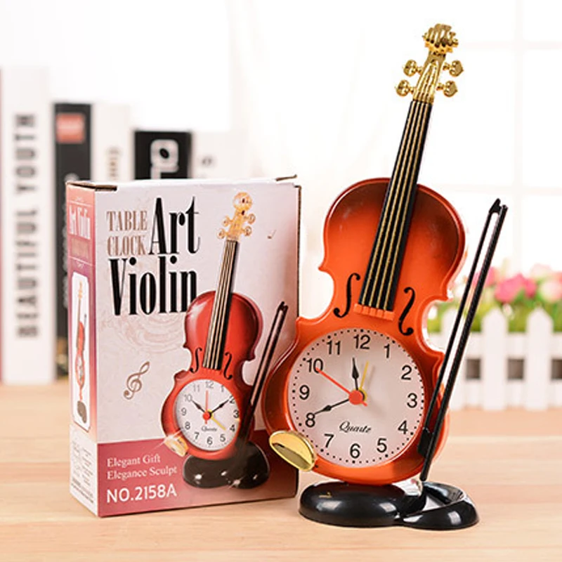 100pcs2 Colors Creative Instrument Table Clock Student Violin Gift Home Decor Fiddle Quartz Alarm Clock Desk Plastic Craft