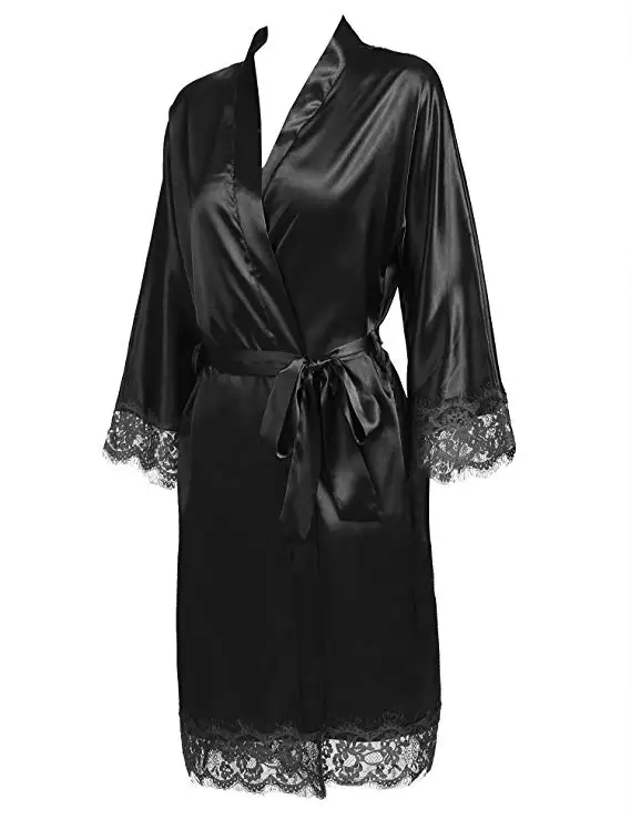 Sexy Ladies\' Lace Satin Robe Gown Solid Soft Nightgown Nightwear Kimono Bathrobe Sleepwear Wedding Bride Bridesmaid Robes