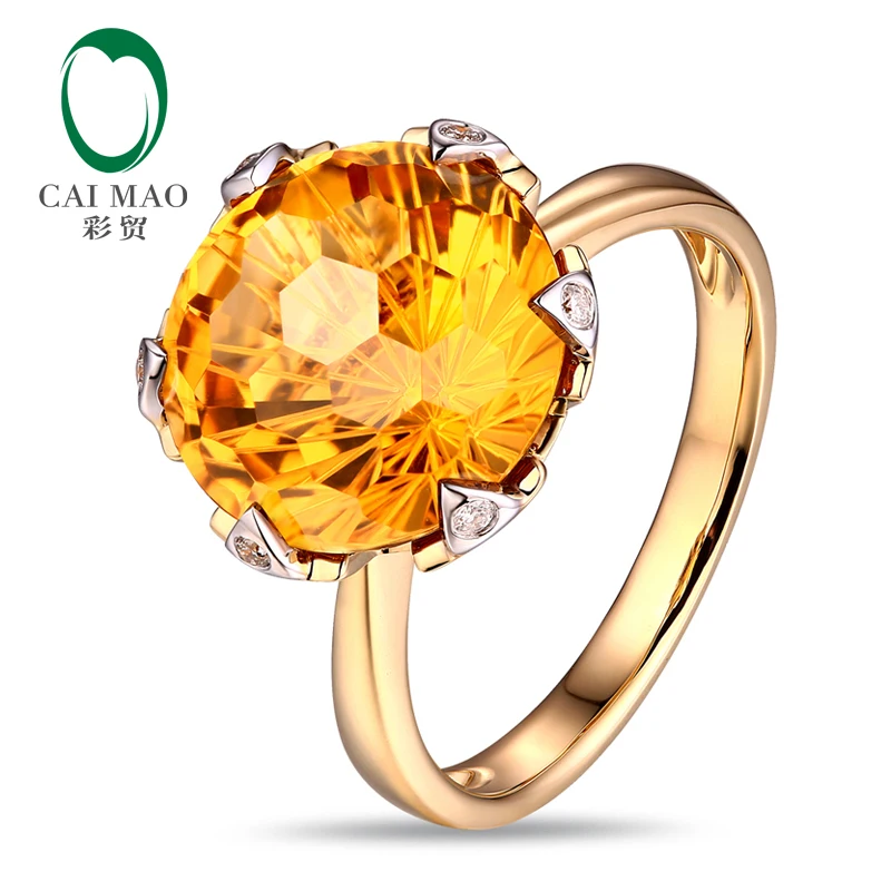 Caimao Jewelry 12mm Round Cut 7.21ct  Citrine Ring 14k Gold With Natural Diamond