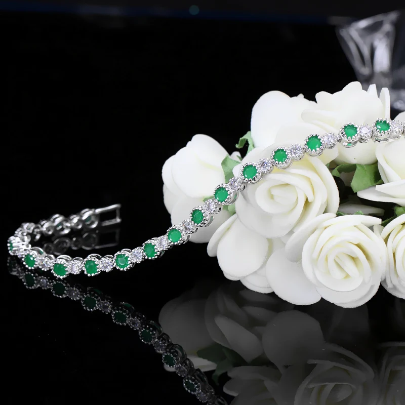 CWWZircons Elegant Women Wristband Jewelry Silver Color Natural Round Green Crystal Bracelet with Cubic Zirconia Stones  CB053