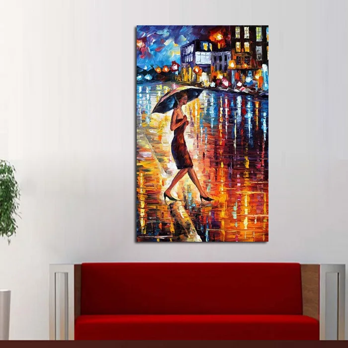 

Handpainted Modern Canvas painting Lady Walking Hang Painting In The rain Oil Painting Knife Landscape oil painting Wall Decor