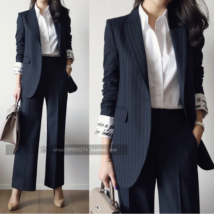 2019  High end Work Fashion Pant Suits 2 Piece Set for Women   Striped Blazer Jacket & Trouser Office Lady Suit Feminino