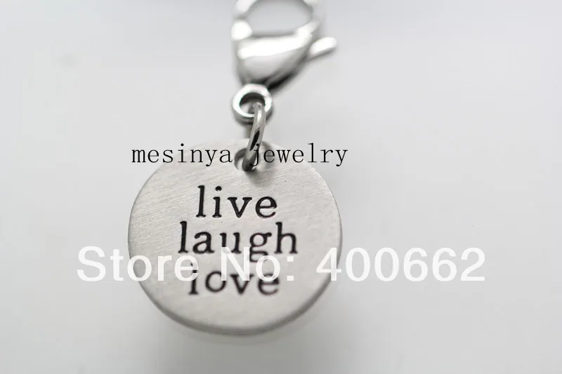 200pcs s.steel thick live laugh love dangle charms slide into spring clasp for floating locket , glass locket not included