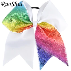 7 inch Large Sequins Hair Bow Hair Bow Rainbow Elastic Hair Band Grosgrain Ribbon Children Girls Cheerleading Hair Accessories