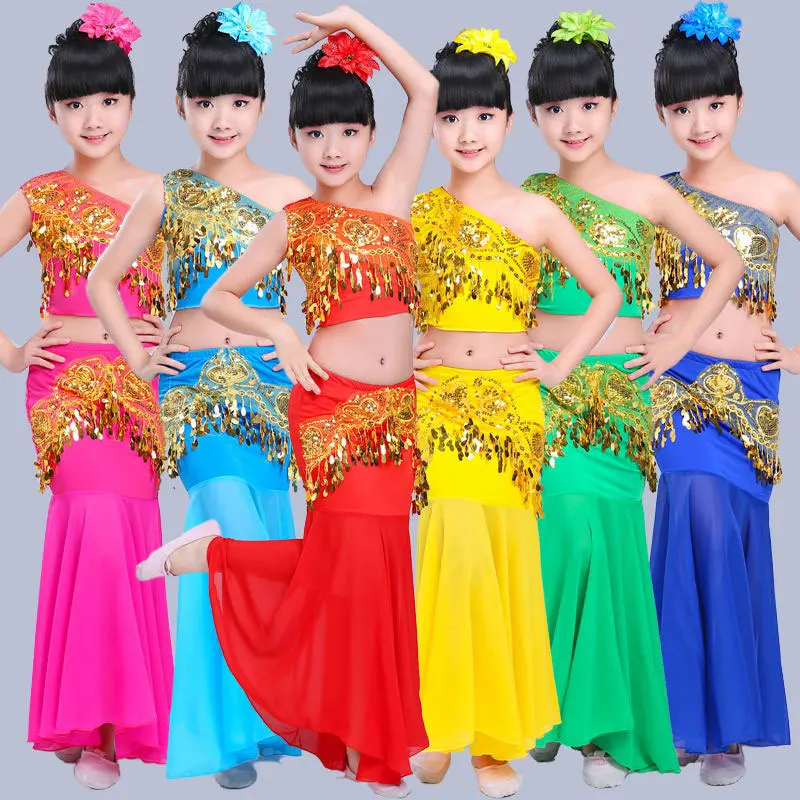 Children Indian Traditional Dress Sequins Belly Dance Costume For Girls Peacock Kids Dai Fish Tail Leotard Girl Dancewear