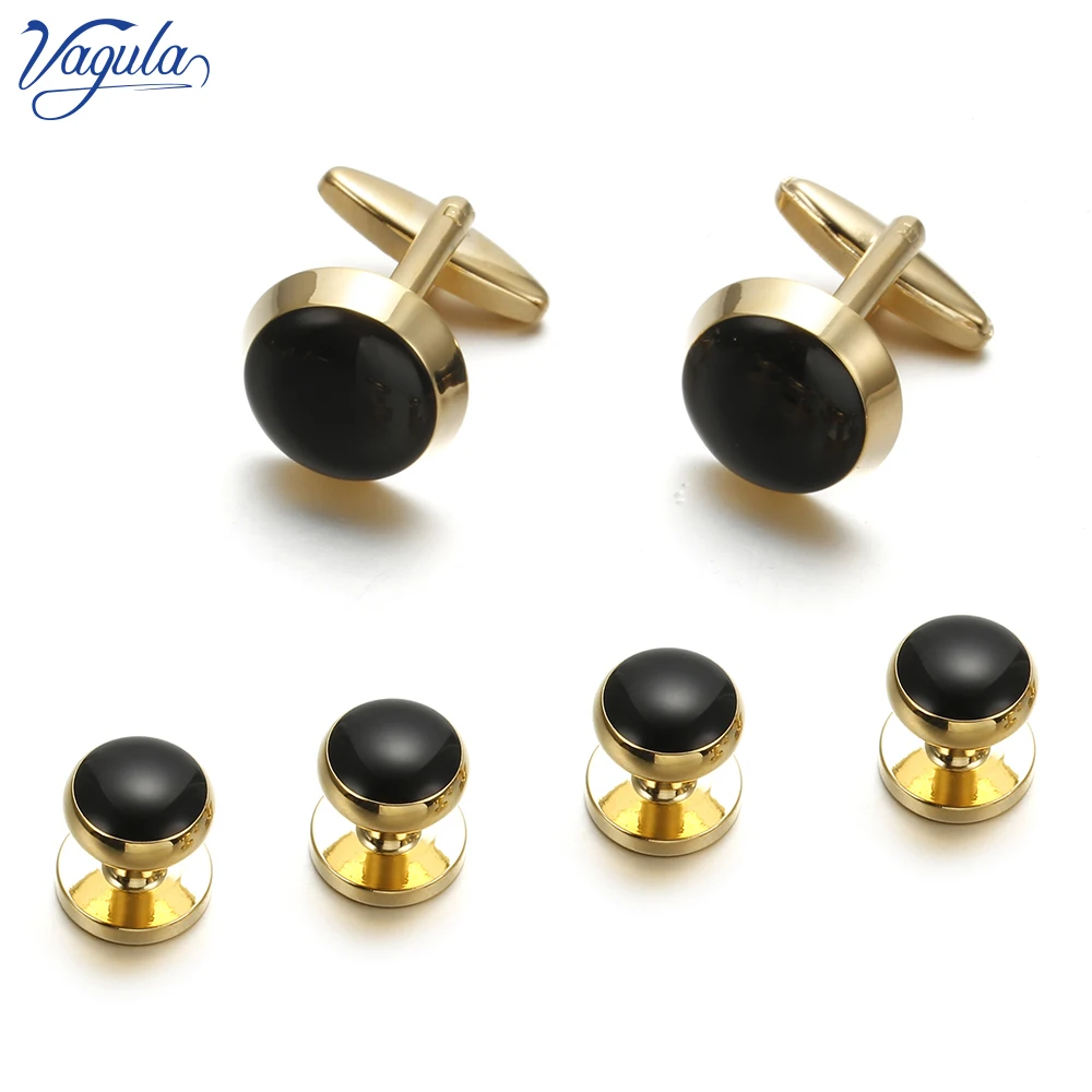 

VAGULA Trendy Cufflinks Studs in 6PCS Black Enamel Gemelos Copper Tuxedo Collar Stud Set Bonito Men Jewelry 409