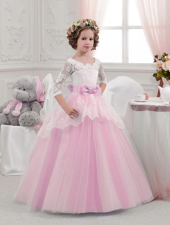 Stunning Hot Sale Pink Flower Girl Dresses With Bow Lace applique Girls Pageant Wedding Gown First Communion Dresses