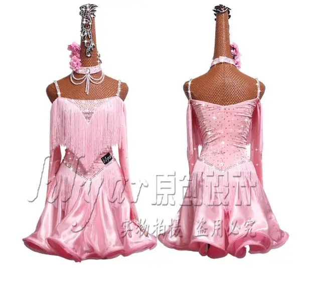 

Women New Latin Dance Sexy Dresses Latin Costumes Shiny Rhinestone Party Dancer Singer Entertainer Fringe Tassel Pink Dress