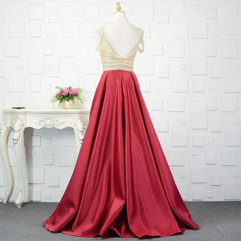 Gaun Malam Burgundy Manik-manik A-Line Gaun Prom Panjang Gaun Prom Vestido Longo 2018 Gaun Pesta Pengantin Tanpa Punggung 052